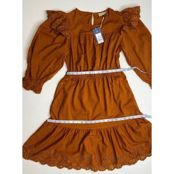 Universal Thread Long Sleeve Dress XS Brown Women's Eyelet-Detail Ruffled NEW - Picture 6 of 13